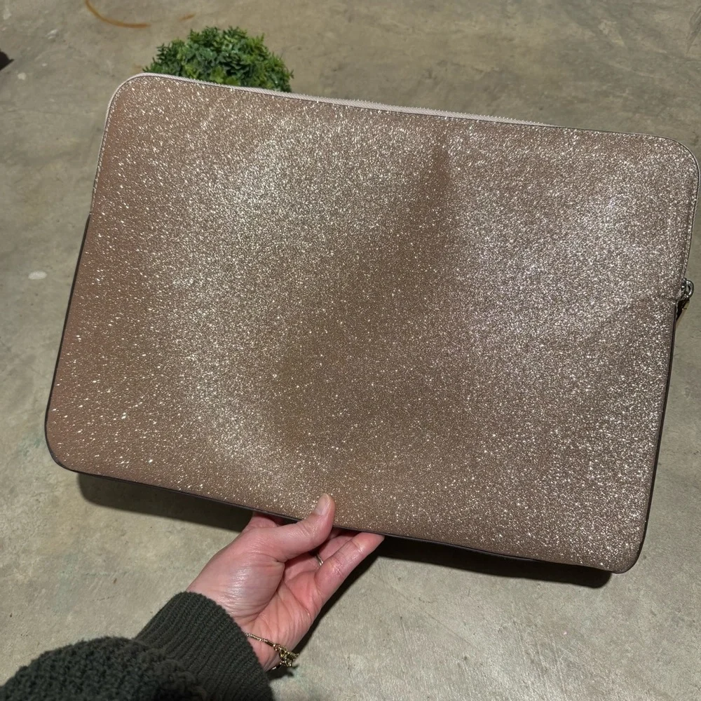 Kate Spade Rose Gold Glitter Sparkle Zipper Laptop Case Bag Holiday Festive Glam